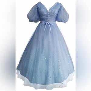 Light Blue Tulle Star-Embellished Midi Dress